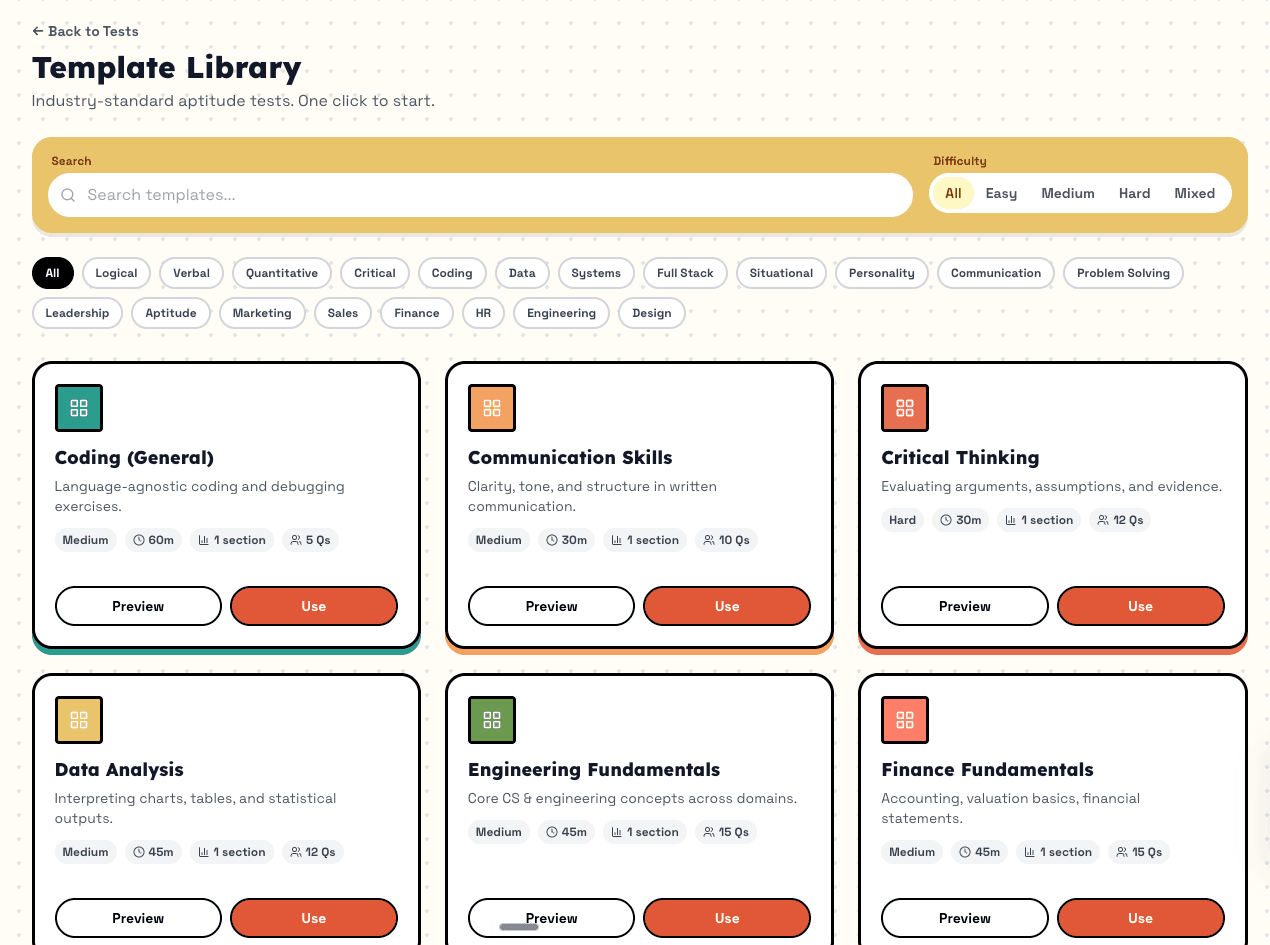 QuikQ template library inside the dashboard