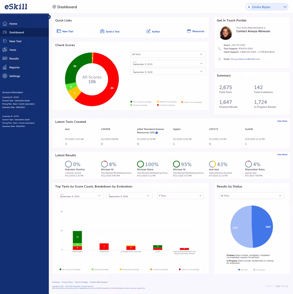 eSkill product interface supplied with the comparison