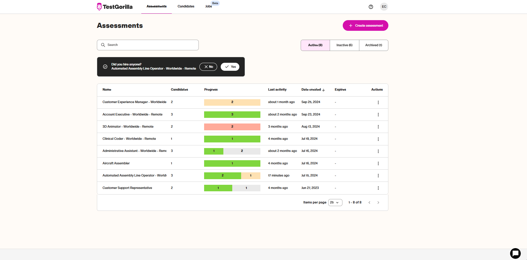 TestGorilla product interface supplied with the comparison
